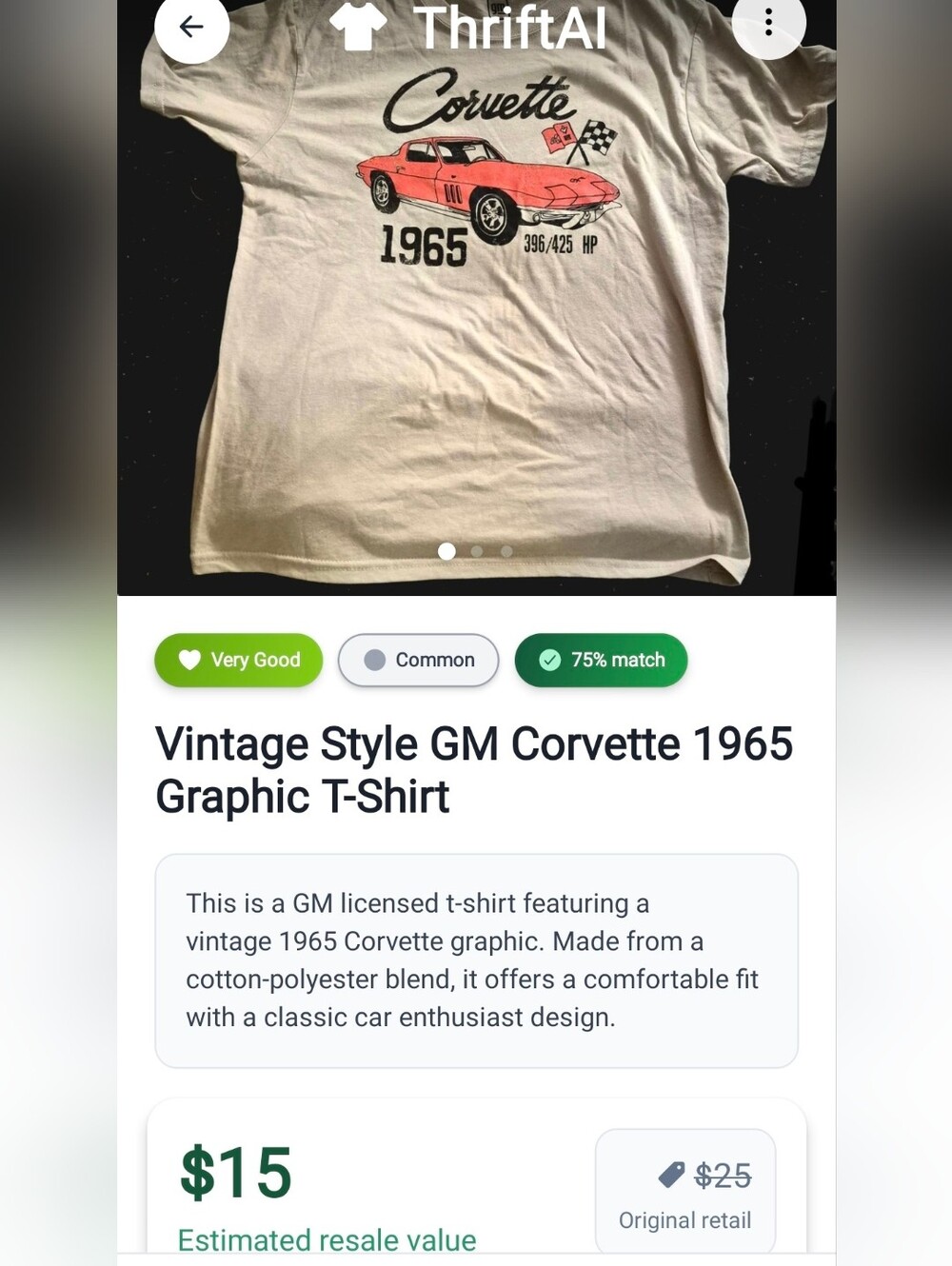 Retro GM Corvette 1965 Muscle Car Graphic T-Shirt Cream - Picture 5 of 5
